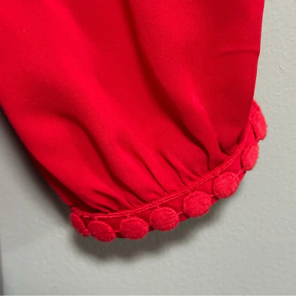 TORY BURCH Sylvie Boho Peasant Blouse Red Silk Scoop Neck Fringe Tassel Size 0 - Picture 6 of 9